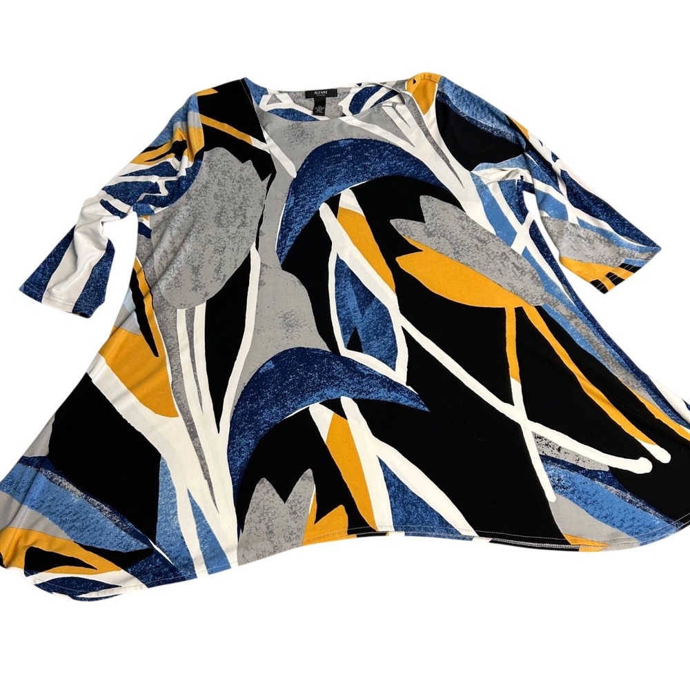 Alfani Woman 2X Tunic Blouse Abstract Floral Blue Yellow 3/4 Sleeve Sharkbite